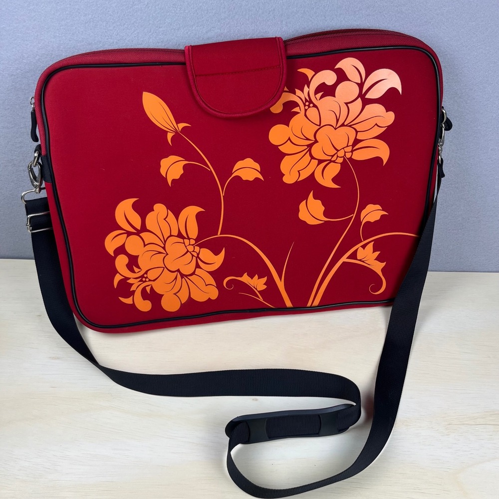Laurex Red Floral Neoprene Laptop Messenger Bag Sleeve 17 Inch Large Case